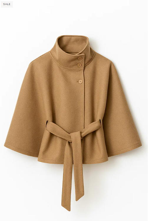 High-Neck Belted Cape Jacket